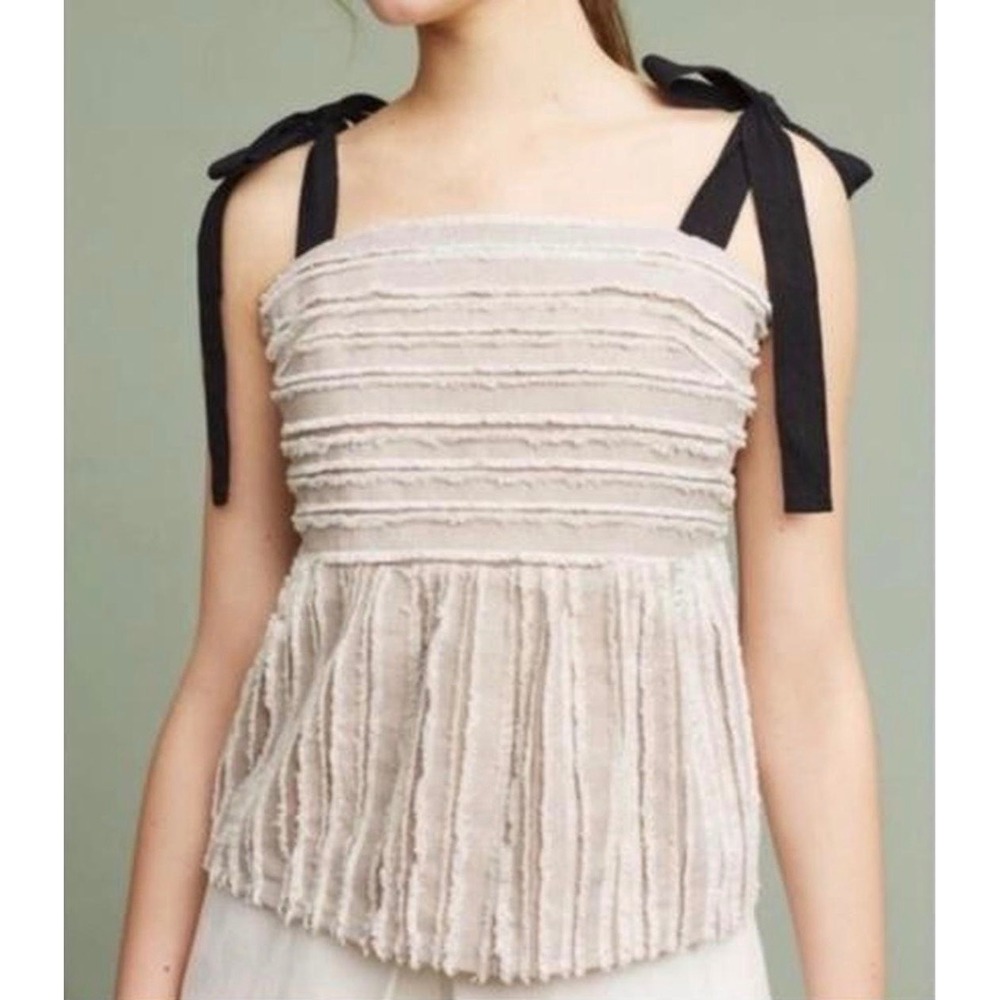 Anthropologie Maeve Solei Fringe Tank Top Womens Small Tan Tie Shoulder Boho